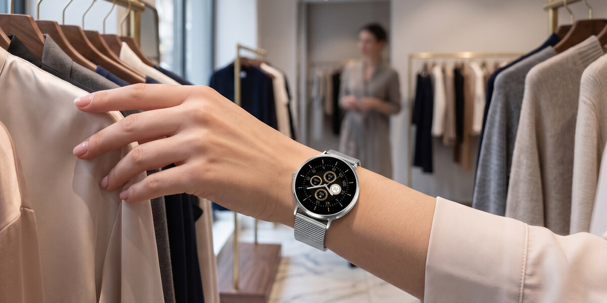 Kobieta w sklepie przegląda ubrania. Na jej nadgarstku znajduje się srebrny smartwatch Denver z czarną tarczą.