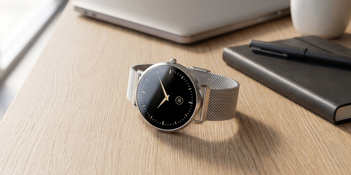 Srebrny smartwatch Denver z czarną tarczą leży na jasnym biurku. Obok znajduje się czarny notes i długopis.