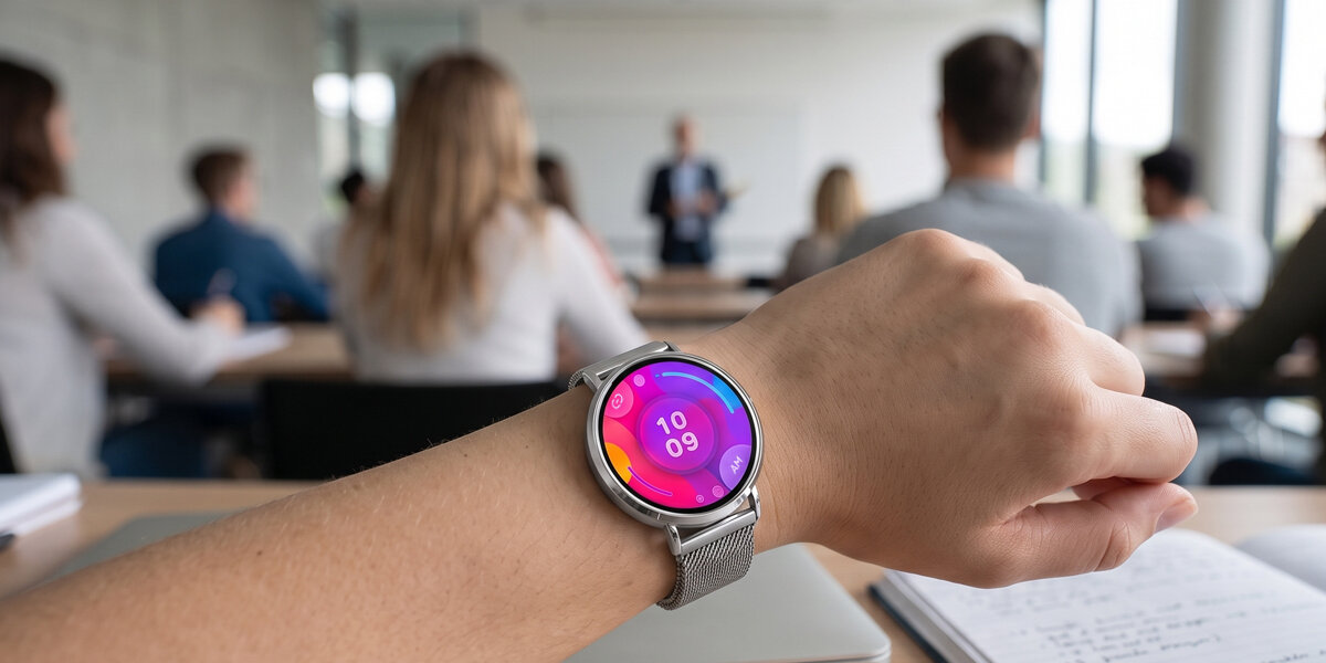 Na ręce studentki znajduje się srebrny smartwatch Denver z kolorową tarczą. W tle widać salę lekcyjną.