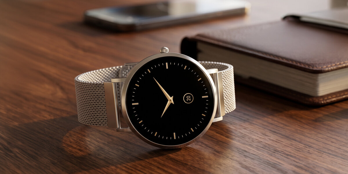 Srebrny smartwatch Denver z czarną tarczą leży na drewnianym biurku. W tle znajduje się notes i telefon.