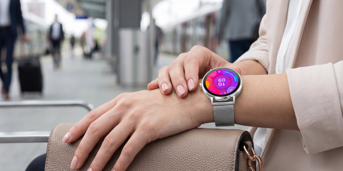 Kobieta czeka na peronie dworca. Na nadgarstku znajduje się srebrny smartwatch Denver z jasną, kolorową tarczą.