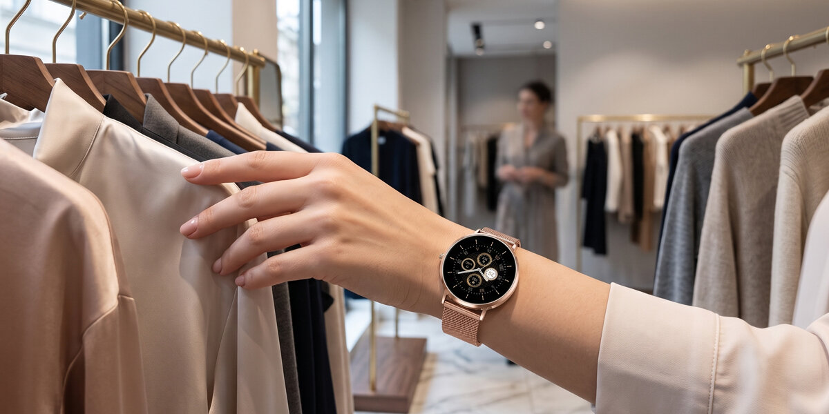 Na nadgarstku kobiety dotykającej ubrań w butiku znajduje się smartwatch Denver z czarną tarczą.