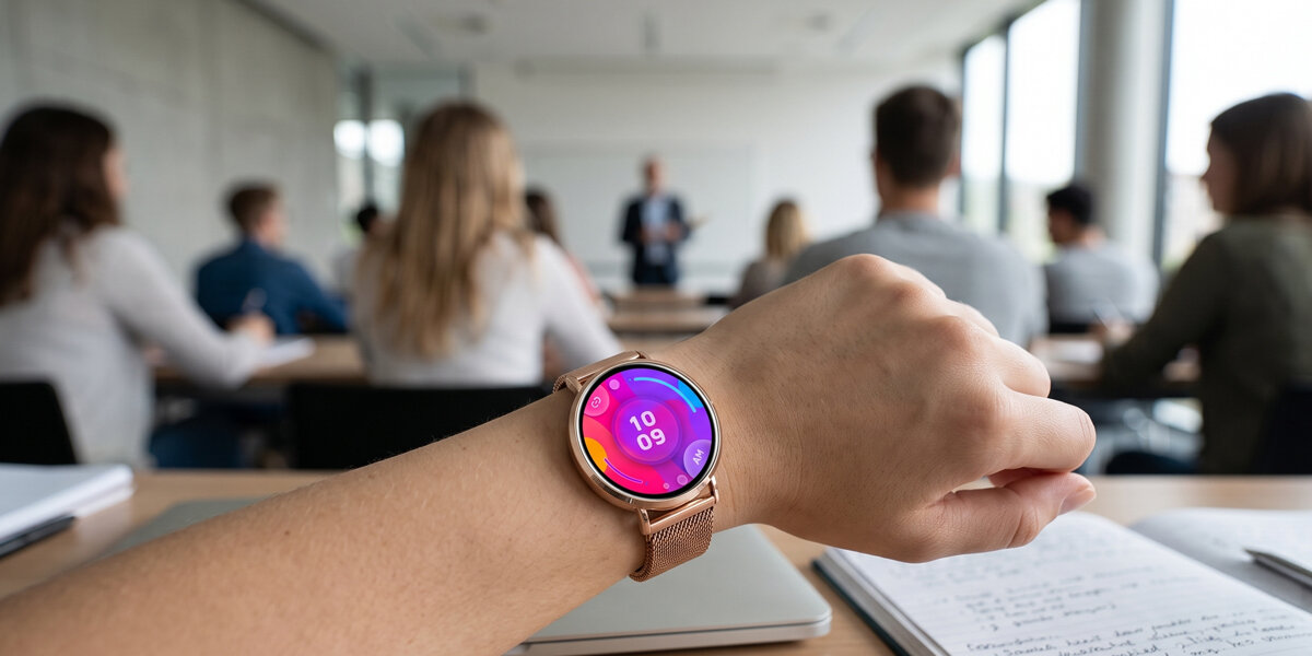 Na ręce studentki znajduje się smartwatch Denver z kolorowym ekranem. W tle jest rozmyta sala wykładowa.
