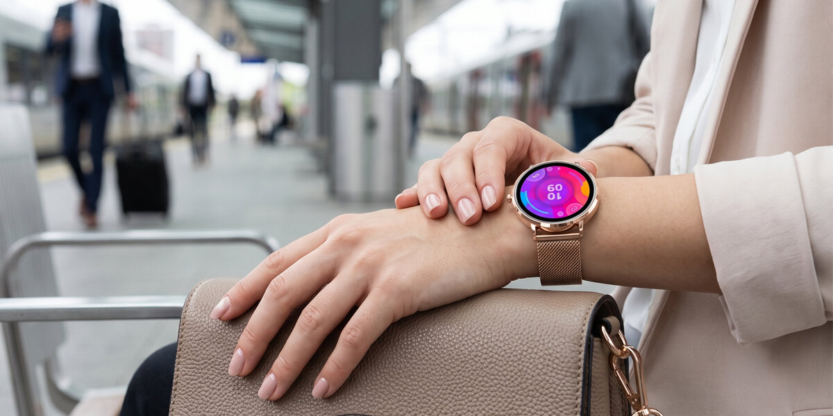Kobieta czeka na peronie. Na jej nadgarstku znajduje się smartwatch Denver z kolorową tarczą.