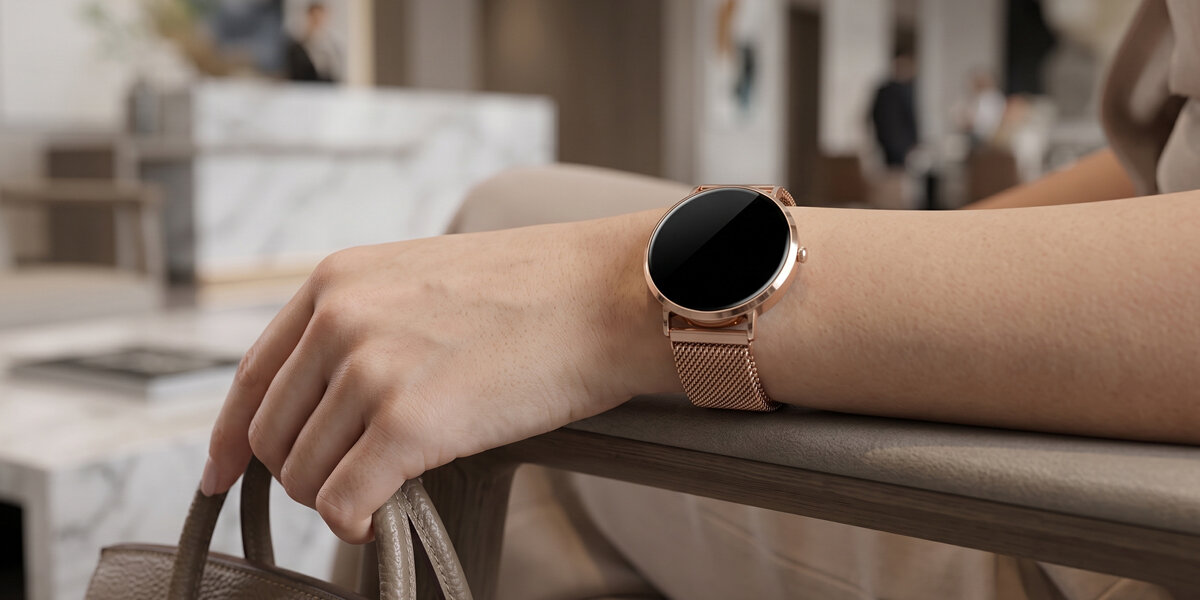 Kobieta opiera dłoń na torebce. Na nadgarstku znajduje się smartwatch Denver z wygaszona tarczą.