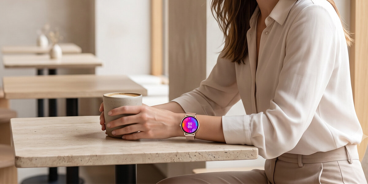Kobieta trzyma oburącz jasny kubek z kawą. Na jej nadgarstku znajduje się smartwatch Denver z kolorową tarczą.