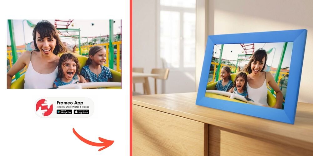 Ramka cyfrowa DENWER Frameo PFF-1023BU Niebieski prezentacja ramki ze zdjęciem w pokoju obok na białym tle to samo zdjęcie ikona FRAMEO prezentowanie ważnych chwil stylowy nośnik wspomnień