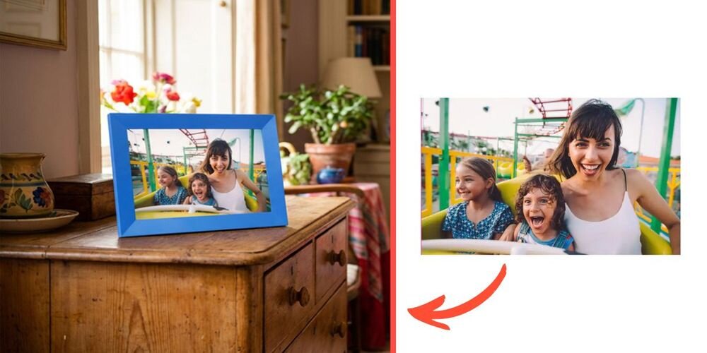 Ramka cyfrowa DENWER Frameo PFF-1023BU Niebieski prezentacja ramki ze zdjęciem na tle pokoju obok na białym tle ramka ze zdjęciem ekran IPS rozdzielczość rozmiar żywe kolory szeroki kąt widzenia