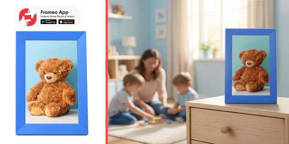 Ramka cyfrowa DENWER Frameo PFF-1023BU Niebieski prezentacja ramki na regale obok ramka na białym tle ikona FRAMEO prezent aplikacja buduje więzi przywołuje emocje łatwa obsługa