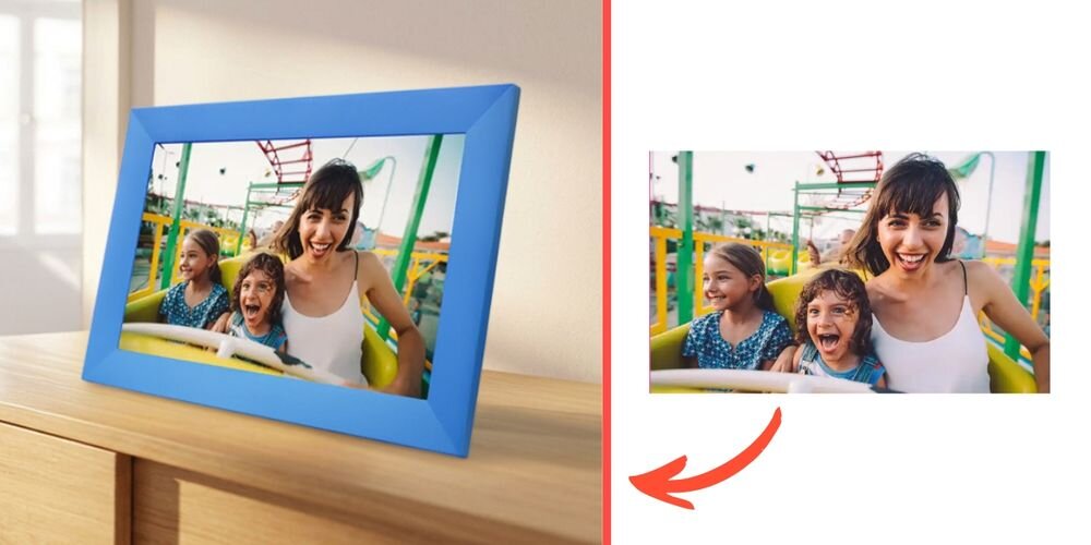 Ramka cyfrowa DENWER Frameo PFF-1023BU Niebieski prezentacja ramki ze zdjęciem na tle pokoju obok na białym tle ramka ze zdjęciem prywatna lista osób bezpieczne treści dodawanie opisów