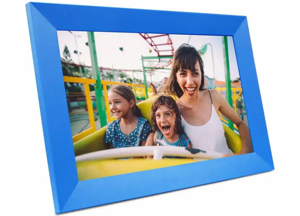 Ramka cyfrowa DENWER Frameo PFF-1023BU Niebieski prezentacja ramki na białym tle pod kątem interwały zmiany zdjęć czas pokaz slajdów timer nocny ogranicza zużycie energii podstawka stołowa uchwyt ścienny