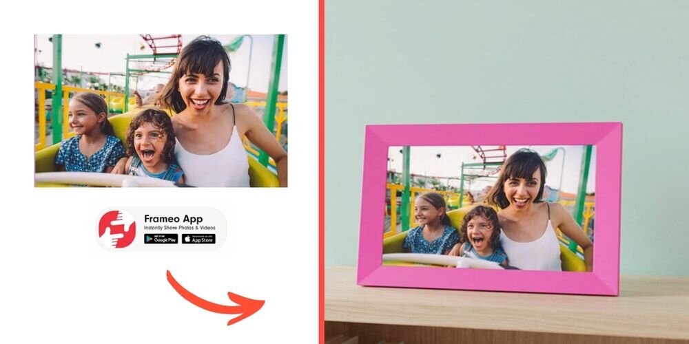 Ramka cyfrowa DENWER Frameo PFF-1023P Różowy prezentacja ramki ze zdjęciem w pokoju obok na białym tle to samo zdjęcie ikona FRAMEO prezentowanie ważnych chwil stylowy nośnik wspomnień