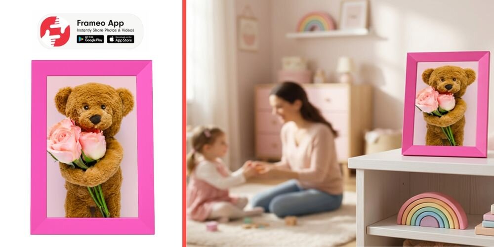 Ramka cyfrowa DENWER Frameo PFF-1023P Różowy prezentacja ramki na regale obok ramka na białym tle ikona FRAMEO prezent aplikacja buduje więzi przywołuje emocje łatwa obsługa