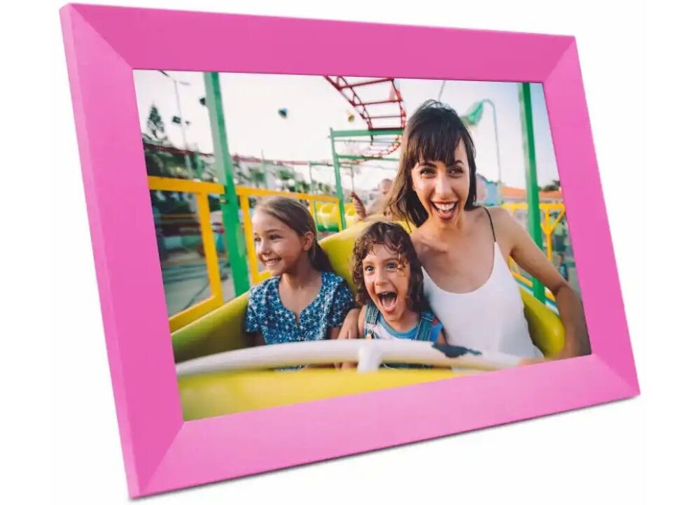Ramka cyfrowa DENWER Frameo PFF-1023P Różowy prezentacja ramki na białym tle pod kątem interwały zmiany zdjęć czas pokaz slajdów timer nocny ogranicza zużycie energii podstawka stołowa uchwyt ścienny