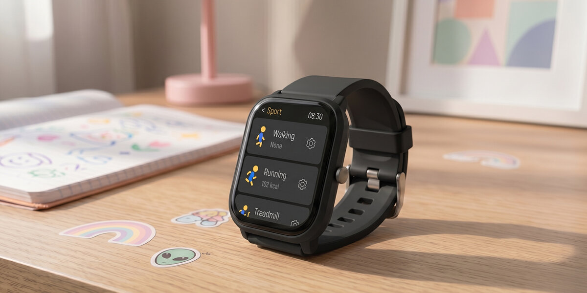 Czarny smartwatch dla dzieci Denver jest ustawiony na biurku i rzuca na nie lekki cień. W tle widoczny otwarty zeszyt i różowa lampka.