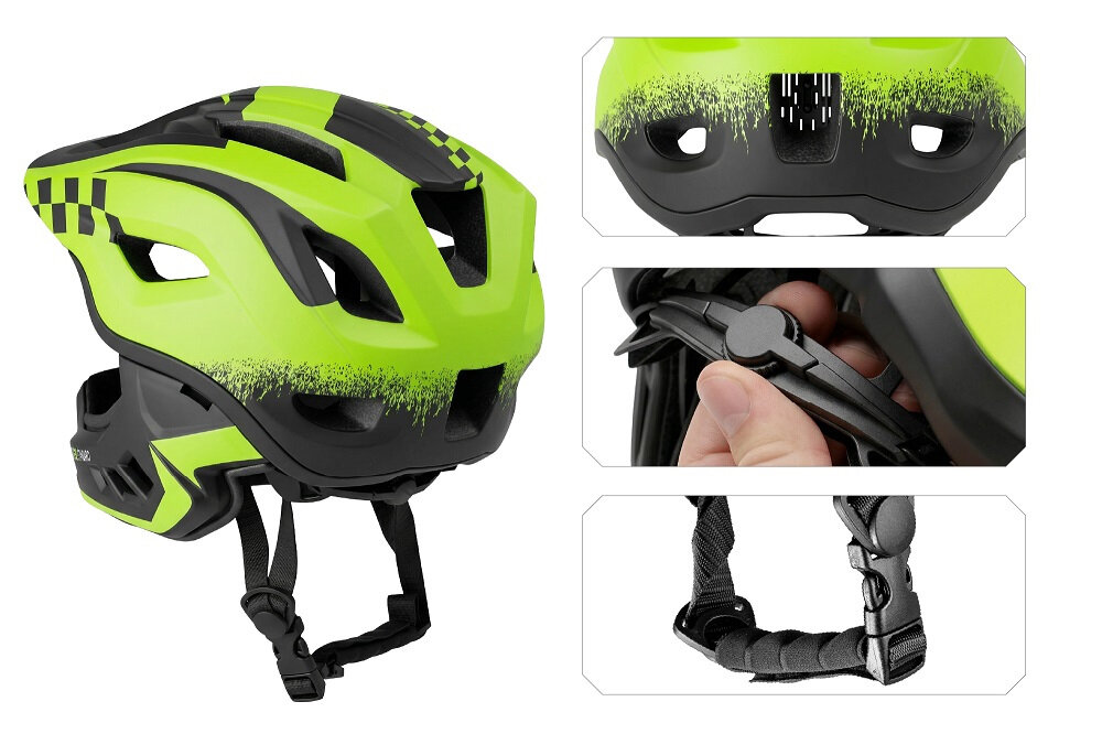 Zielony kask rowerowy z czarnymi elementami i wzorem w szachownicę, posiada otwory wentylacyjne. Widoczne są zbliżenia na zapięcie i pasek kasku.