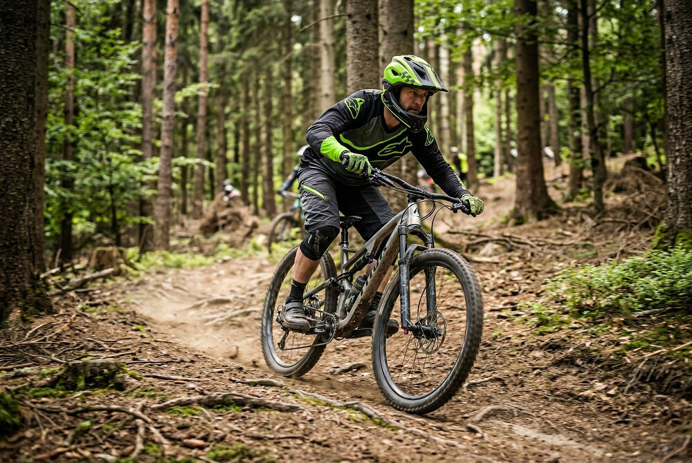 Osoba na rowerze górskim jedzie po leśnej ścieżce, nosząc zielony kask full face i odzież ochronną. W tle widać drzewa i naturalne otoczenie lasu.