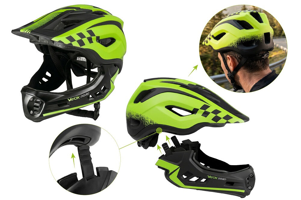 Zielony kask rowerowy z odpinaną szczęką, z czarnymi i szarymi elementami oraz napisem \'VAYOX DA4201\'. Widoczny jest również mężczyzna noszący kask na głowie.