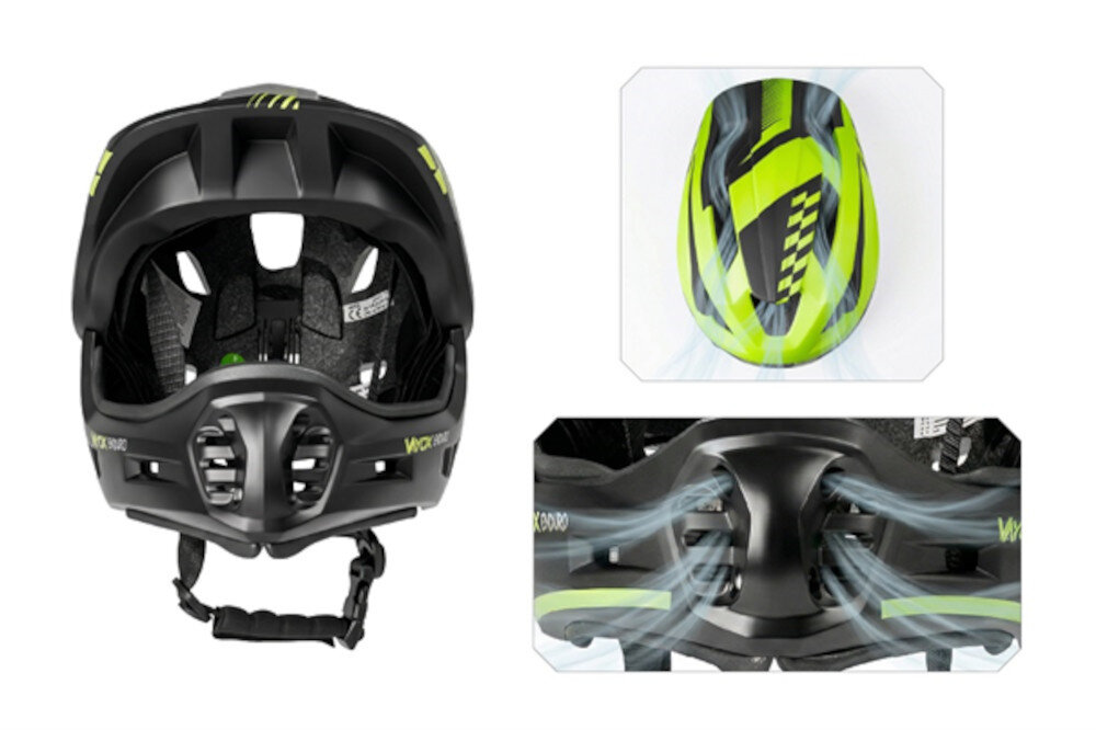 Kask rowerowy w kolorze czarno-zielonym z odpinaną szczęką, widoczny z przodu i z góry. Na kasku znajduje się napis \'VAYOX Enduro\'.