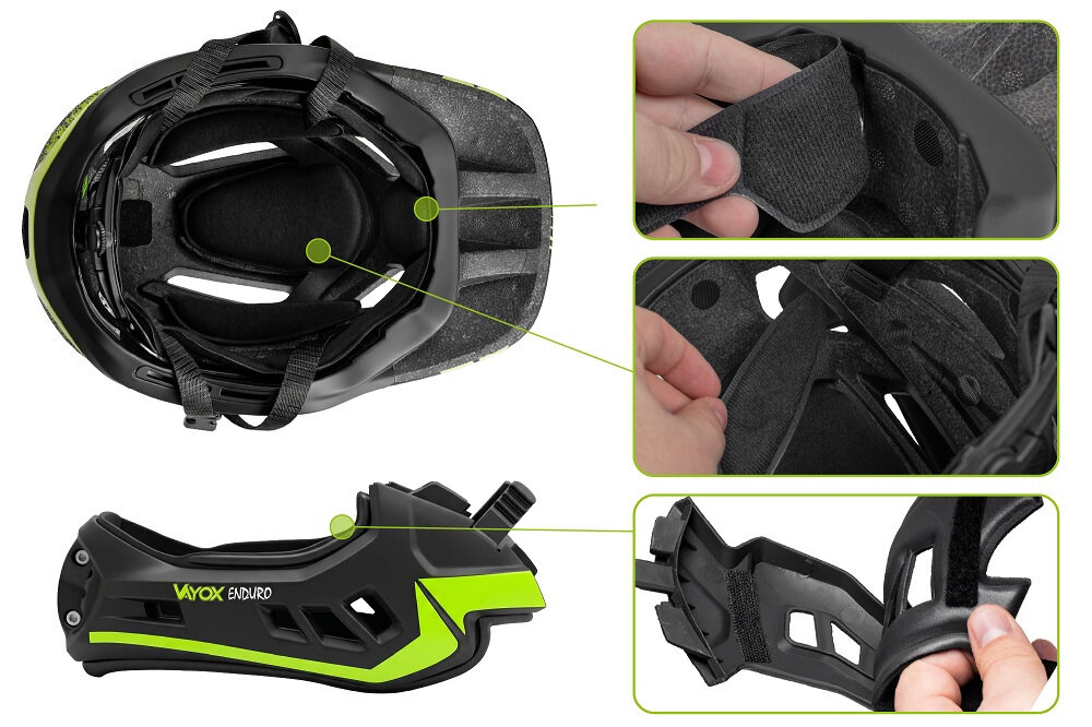 Na obrazie widoczny jest czarno-zielony kask rowerowy z odpinaną szczęką, oznaczony napisem \'VAYOX ENDURO\'. Obok kasku znajdują się zbliżenia na detale, takie jak zapięcia i wnętrze kasku.