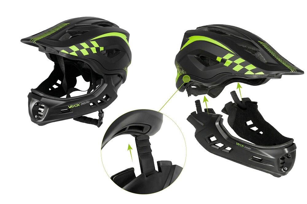 Czarny kask rowerowy z odpinaną szczęką, ozdobiony zielonymi elementami i wzorem w szachownicę. Widoczny jest napis \'VAYOX ENDURO\' na części szczękowej.