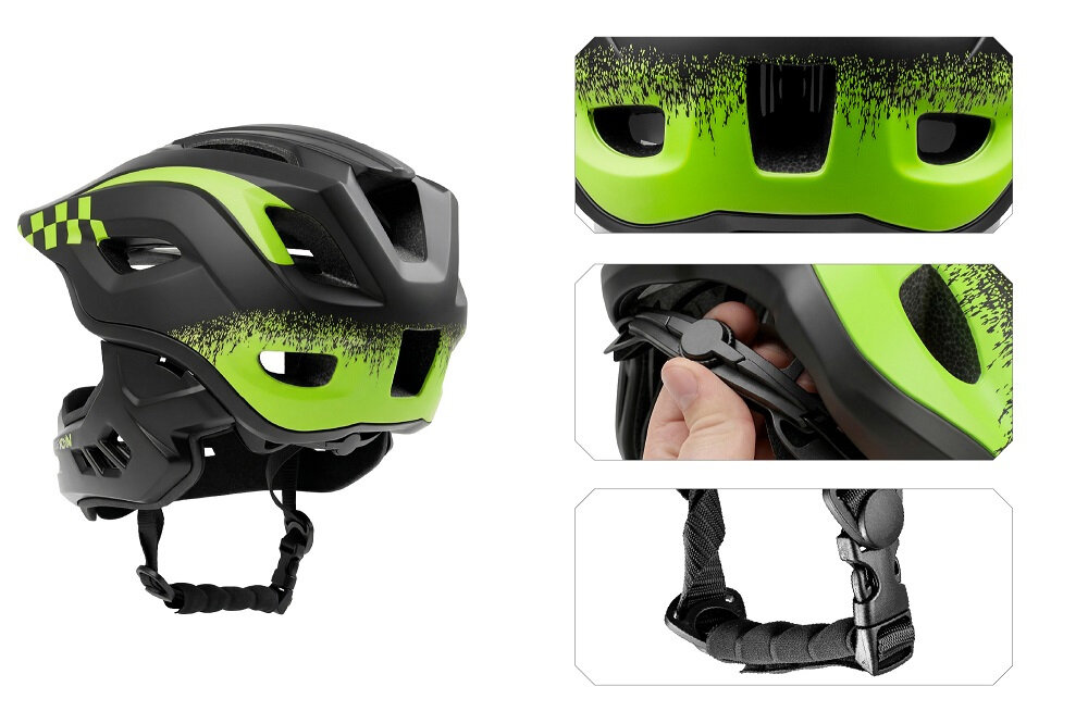 Kask rowerowy w kolorze czarno-zielonym z odpinaną szczęką, posiada otwory wentylacyjne i regulowane zapięcie. Widoczne są detale konstrukcji oraz zapięcie paska pod brodą.