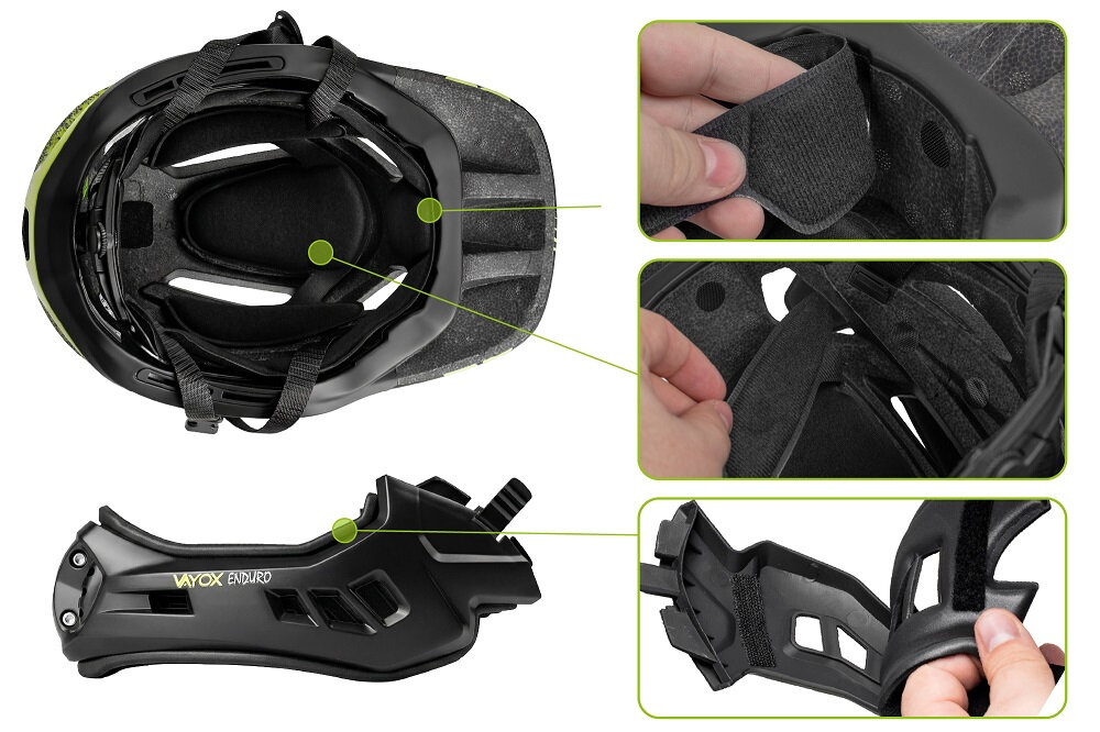 Na obrazie widoczny jest czarny kask rowerowy z odpinaną szczęką, oznaczony napisem \'VAYOX ENDURO\'. Dodatkowo pokazane są zbliżenia na elementy mocujące i wnętrze kasku.