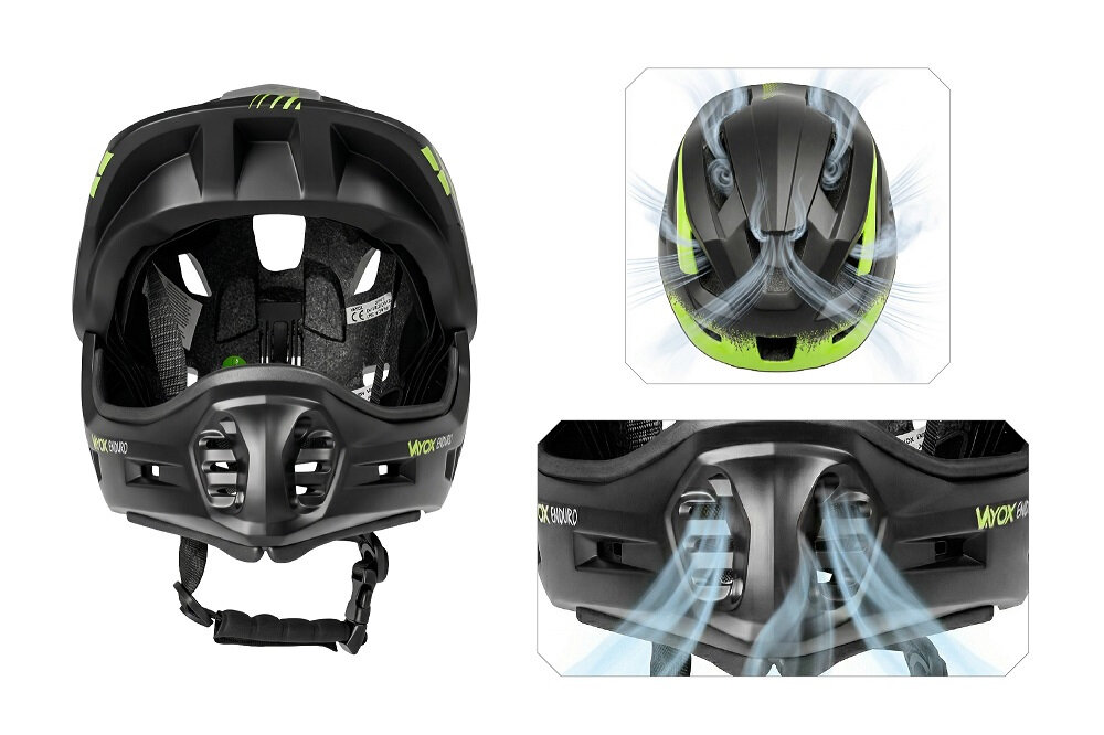 Czarny kask rowerowy z odpinaną szczęką, posiadający otwory wentylacyjne. Widoczne napisy: \'VAYOX Enduro\'.