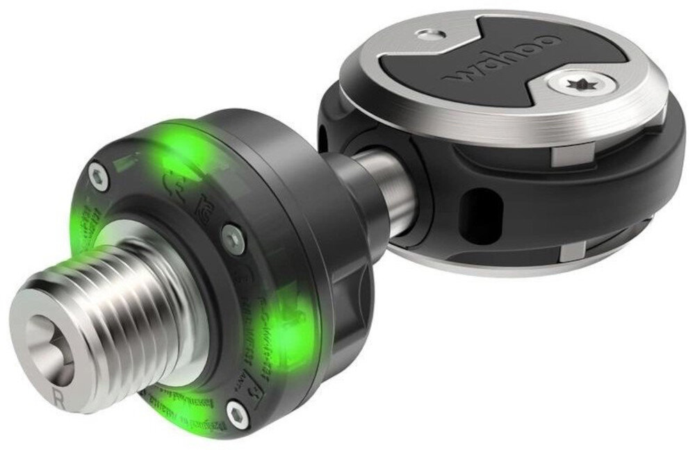 Pedały rowerowe WAHOO Power Dual WFPRX2S55 pedał na białym tle podświetlenie zielone Akumulator litowo-jonowy do 75 godzin na jednym ładowaniu przewodu USB-A z dwoma zakończeniami USB-C specjalnych klipsów mocowanych do pedałów około 2 godzin