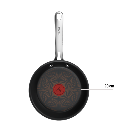 Czarna patelnia z czerwonym wskaźnikiem temperatury na środku. Na uchwycie widoczny napis \'Tefal\'.