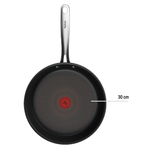 Czarna patelnia z metalowym uchwytem i czerwonym wskaźnikiem na środku. Widoczny napis: Tefal, oraz oznaczenie 30 cm.