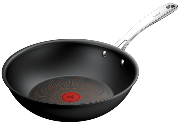Czarna patelnia wok z metalowym uchwytem i czerwonym wskaźnikiem temperatury na dnie. Na uchwycie widoczne jest logo \'Tefal\'.