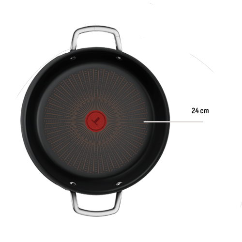 Patelnia z czarną powłoką i czerwonym wskaźnikiem temperatury na środku, z dwoma metalowymi uchwytami. Średnica patelni wynosi 24 cm.
