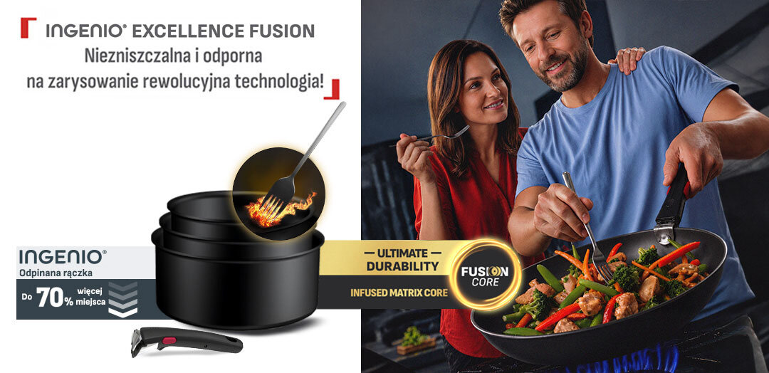 Garnki TEFAL Ingenio Excellence Fusion, obok odpinana rączka i widelec w płomieniach. Po prawej kucharz miesza jedzenie na patelni.Obok kobieta, która trzyma widelec.