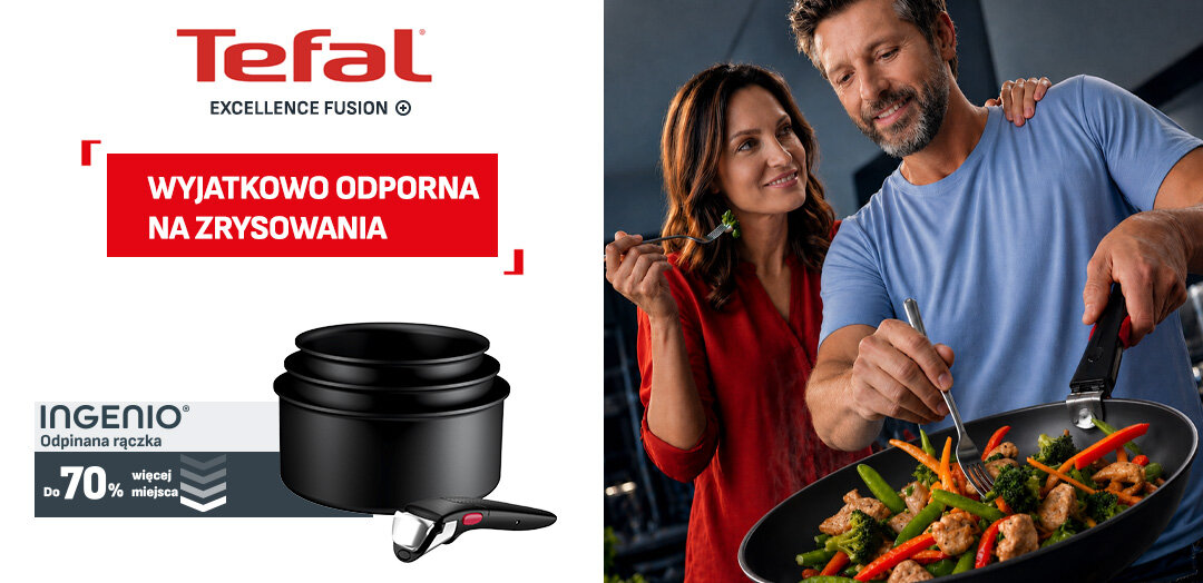Garnki TEFAL Ingenio Excellence Fusion, obok odpinana rączka i widelec w płomieniach. Po prawej kucharz miesza jedzenie na patelni.Obok kobieta, która trzyma widelec.