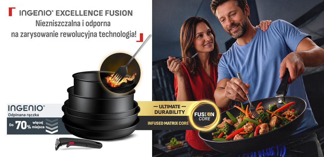 Patelnie i garnki TEFAL Ingenio Excellence Fusion, obok odpinana rączka i widelec w płomieniach. Po prawej kucharz miesza jedzenie na patelni.Obok kobieta, która trzyma widelec.