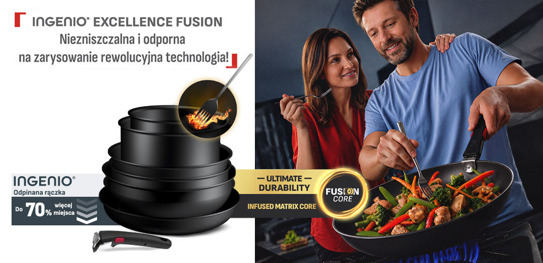 Patelnie i garnki TEFAL Ingenio Excellence Fusion, obok odpinana rączka i widelec w płomieniach. Po prawej kucharz miesza jedzenie na patelni.Obok kobieta, która trzyma widelec.