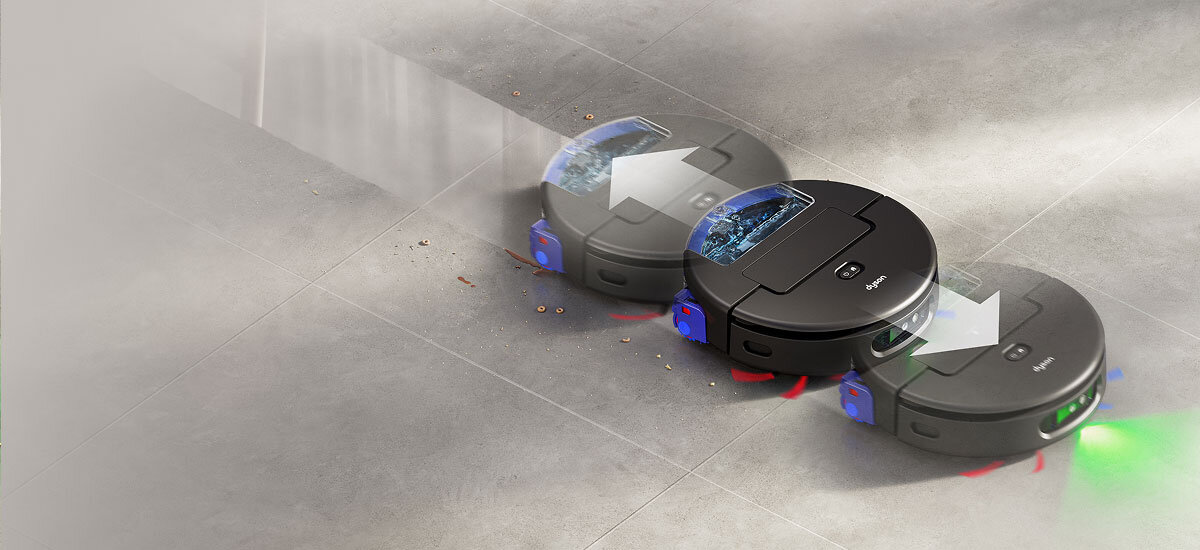 Robot jednocześnie myje i odkurza płytki podłogowe. Strzałki do przodu i do tyłu pokazują kierunek przesuwania się urządzenia