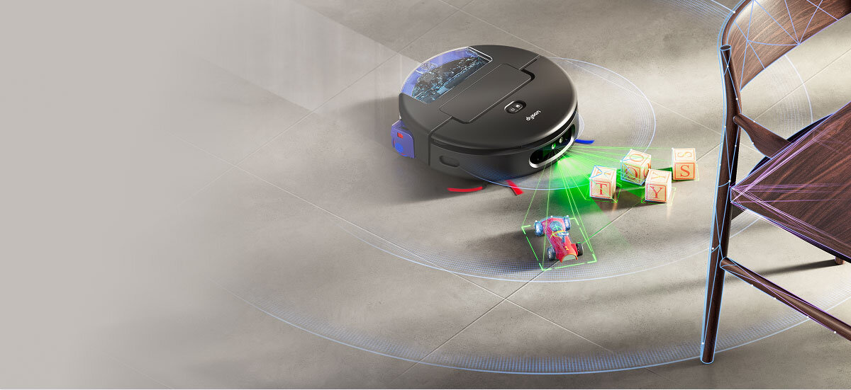 Przed Robotem są klocki, samochodzik oraz krzesło. Urządzenie wykrywa i omija przeszkody na swojej drodze