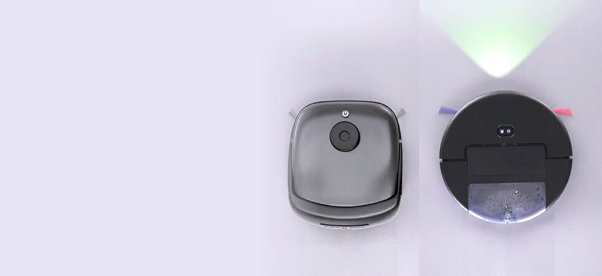 Dwa roboty: Dyson oświetla i dokładnie czyści podłogę, drugie urządzenie nie ma oświetlenia i pozostawia ślady brudu