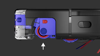 Robot pokazany bokiem, pod szczotką jest strzałka z kierunkiem do góry oznaczająca możliwość podnoszenia się