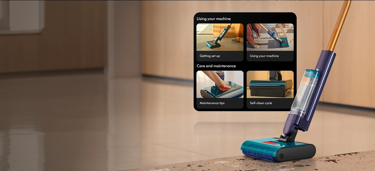 Mop podczas mycia brudnej podłogi oraz widok czterech klatek z filmów instruktażowych dostępnych w aplikacji MyDyson