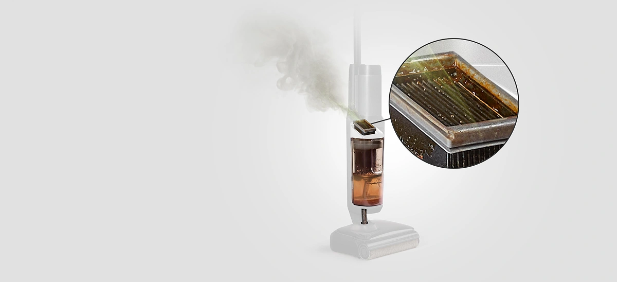 Widok przekroju innego mopa oraz zbliżenie na brudny filtr