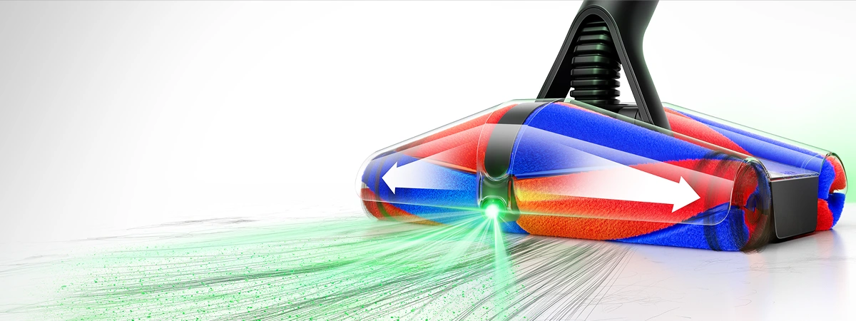 Widok niebiesko-czerwonej elektroszczotki Fluffycones z czterema szczotkami stożkowymi podczas sprzątania długich włosów