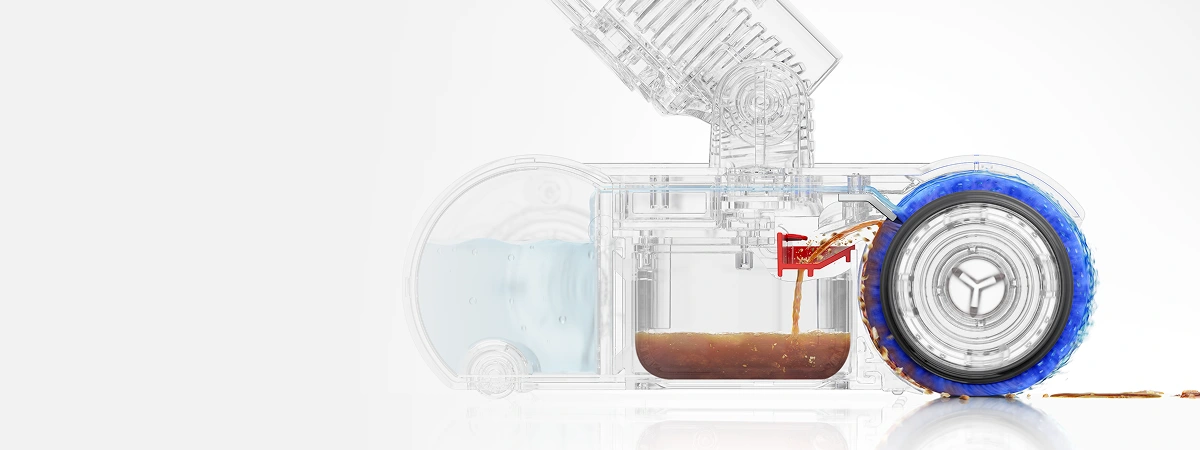 Przekrój elektroszczotki pokazuje pracę wałka i dwa pojemniki: na czystą wodę do namaczania wałka i do zbierania brudnej wody