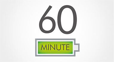 Obraz przedstawia duży napis \'60\' nad ikoną baterii z tekstem \'MINUTE\' w środku. Tło jest jednolite i jasne.