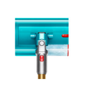 Obraz przedstawia turkusową głowicę odkurzacza z metalicznym uchwytem i czerwonymi elementami. Widoczny jest także przezroczysty element na głowicy.