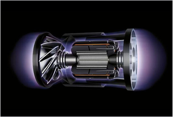 Obraz przedstawia element technologiczny złożony z cylindrycznych części i łopatek, otoczony niebieskawą poświatą na czarnym tle. Konstrukcja wygląda na część mechanizmu lub silnika.