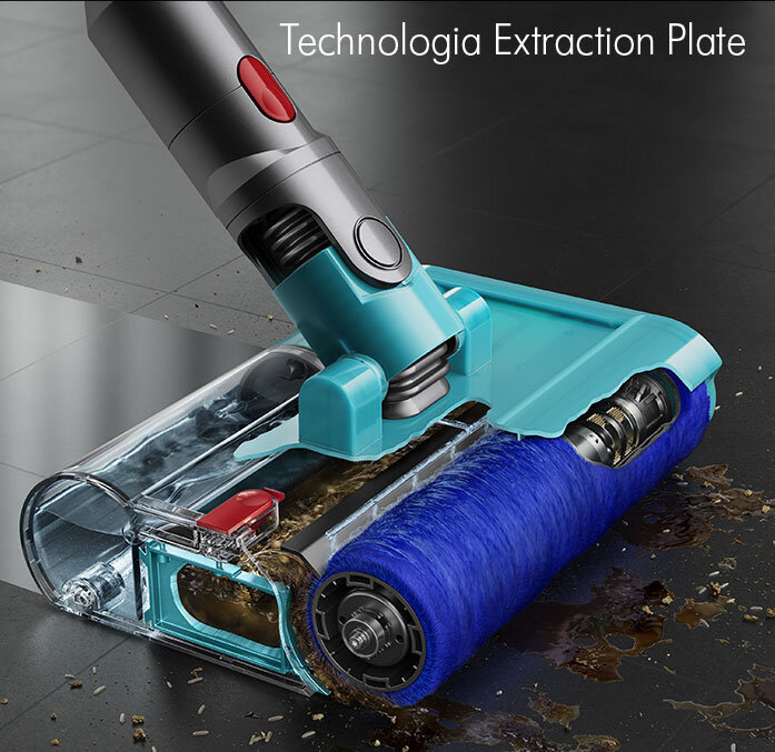 Obraz przedstawia głowicę odkurzacza z niebieską szczotką, która zbiera zanieczyszczenia z podłogi. Widoczny jest tekst: \'Technologia Extraction Plate\'.