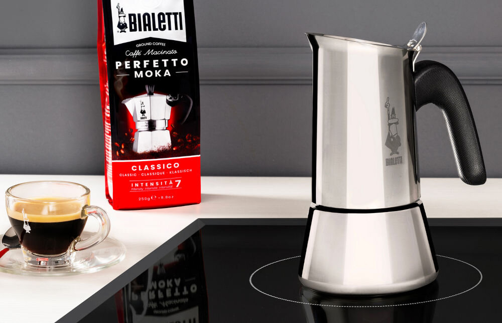 Kawiarka BIALETTI Venus 10 TZ Srebrny 500 ml stylowy design optymalny smak kawy polerowana stal nierdzewna rączka z tworzywa sztucznego opływowy kształt pojemność 23m ml 6 filiżanek espresso kuchenki gazowe elektryczne ceramiczne indukcyjne
